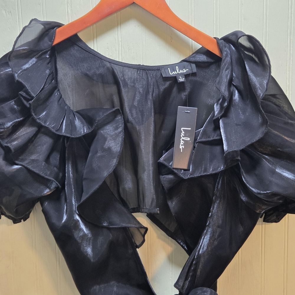 Lulus Blouse Womens Large Black Sheer Ruffle Puff Sleeve Tie Front Cropped Top